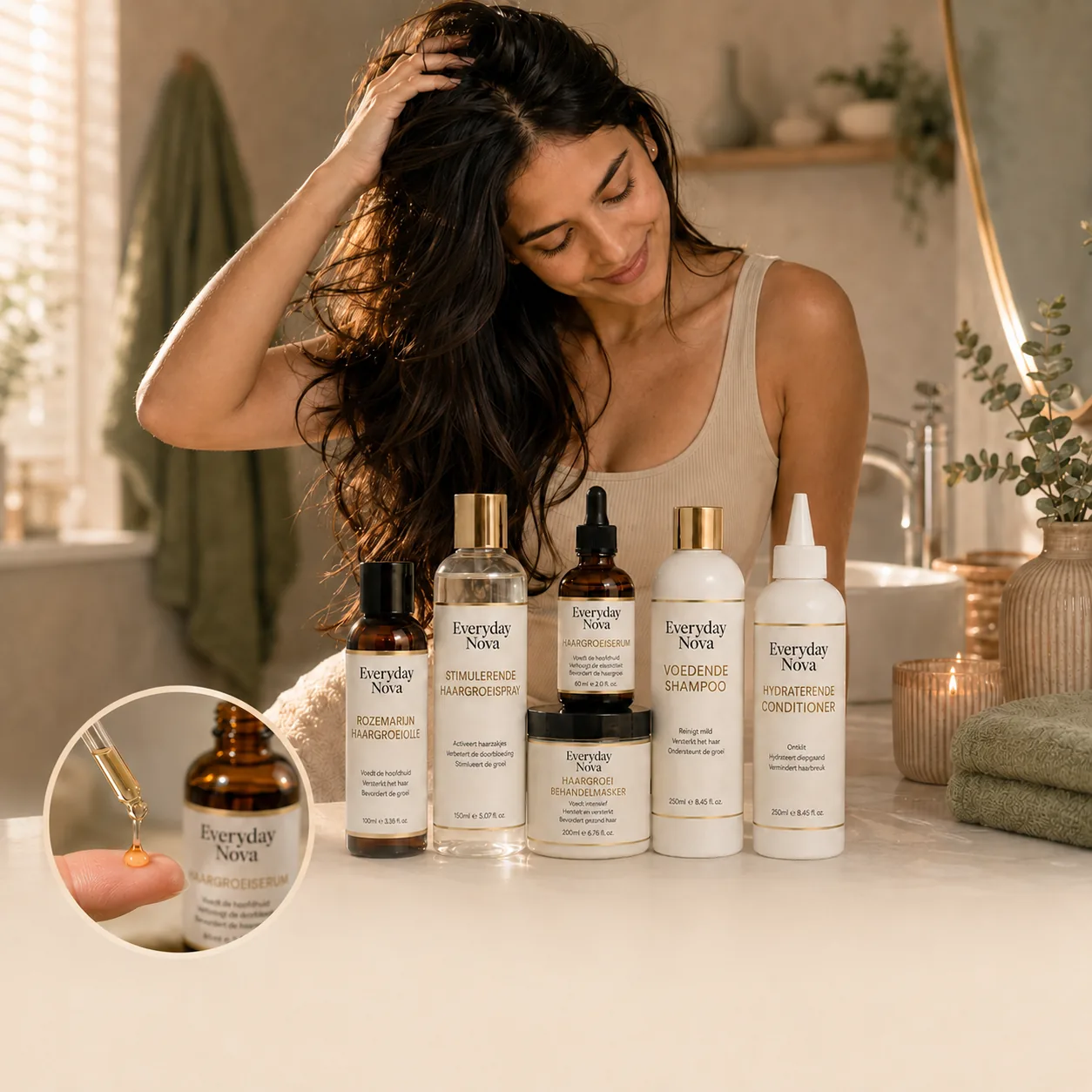 Vrouw met de complete Everyday Nova Healthy Hair Starter Kit